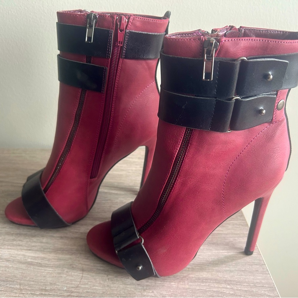 Maroon and Black High Heeled Open Toe Ankle Boots Size 8- Worn One Time